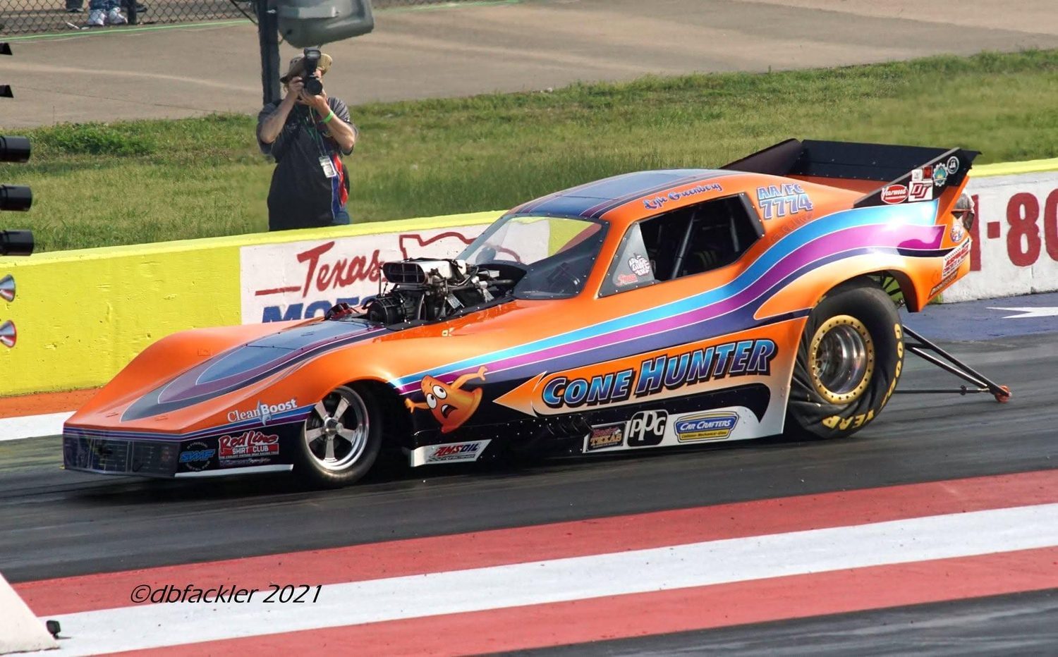 The Cone Hunter nitro funny car launching at Texas Motorplex